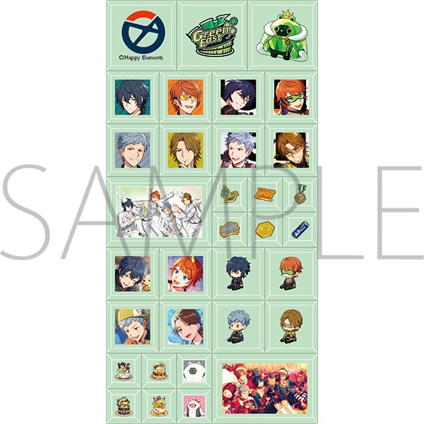 A sheet of tile-style plastic stickers showing character portraits, chibi figures, and small icons on a pale green grid background.