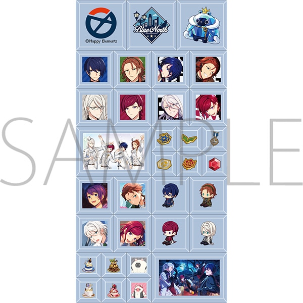 A light-blue sheet of tile-style plastic stickers showing multiple character portraits, small icons, and decorative tiles.