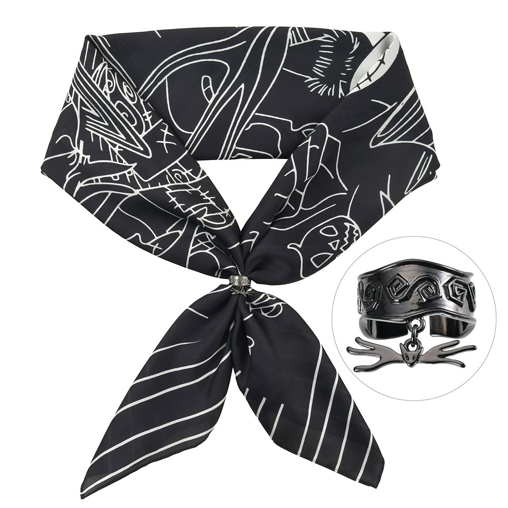 Black polyester scarf with white line-art pattern shown tied, with an inset close-up of a metal scarf ring.