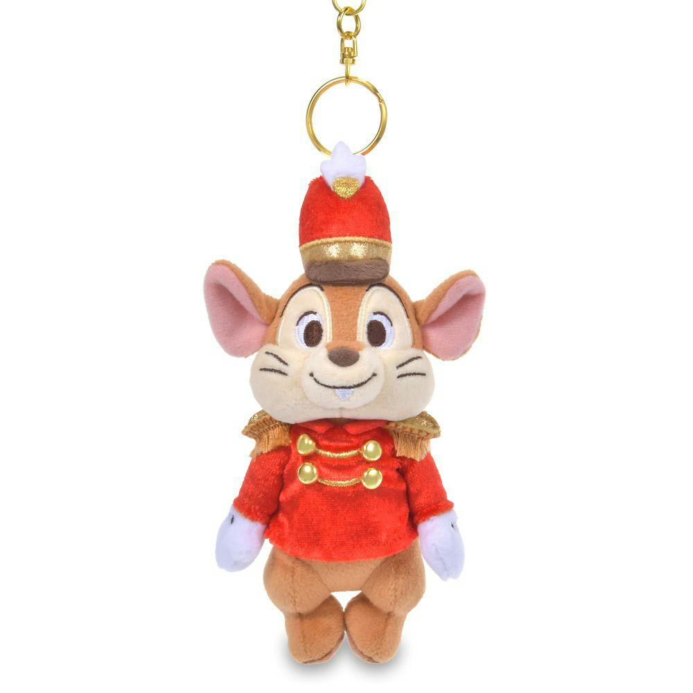 A Timothy plush keychain from Disney Dumbo wearing a red and gold costume with a gold key ring attached at the top.