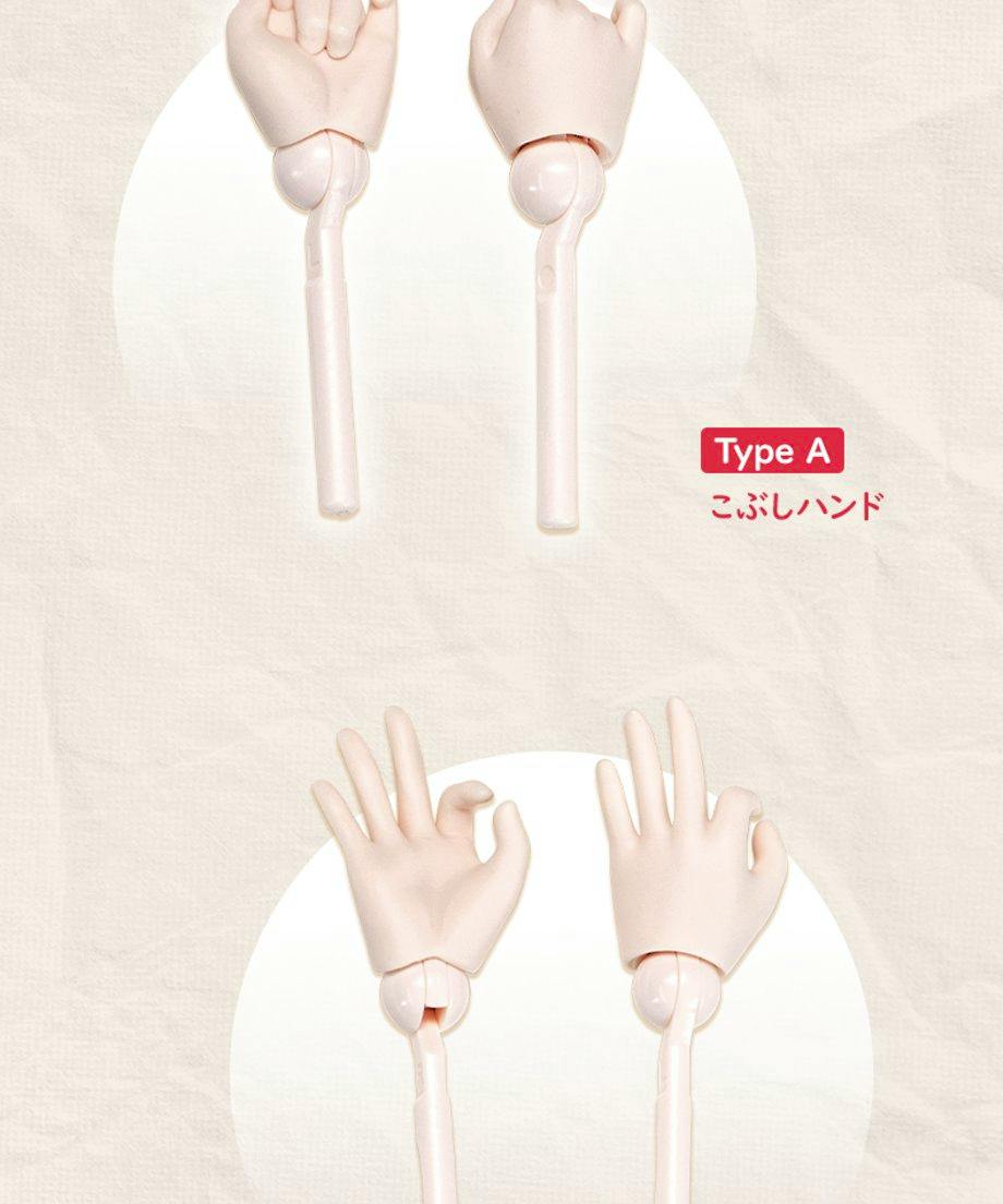 Two coconut-white 1/4-scale MJD doll custom hand parts (Type A) shown on wrist peg connectors.