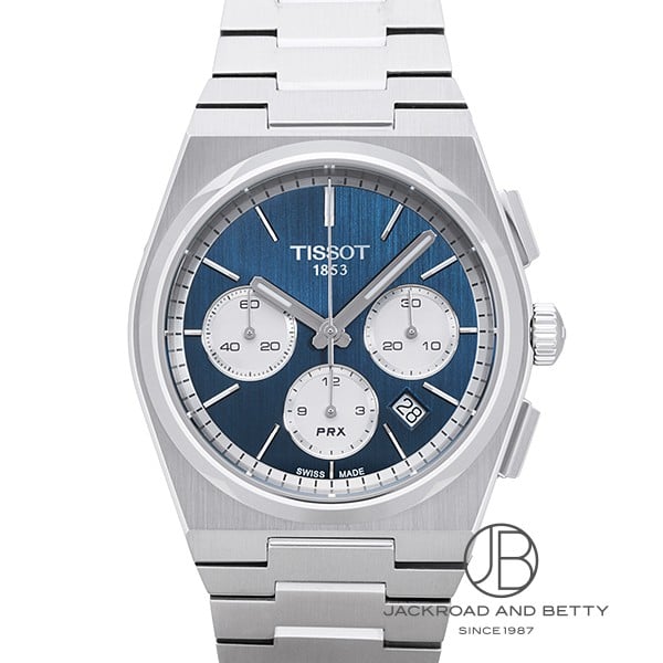 Front-facing close-up of the Tissot PRX Automatic Chronograph watch with a blue dial and three silver subdials on a metal bracelet.