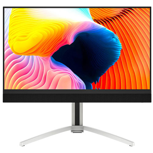 Front view of the Titan Army M27E6V-PRO monitor on its stand showing a colorful abstract wallpaper on the screen.