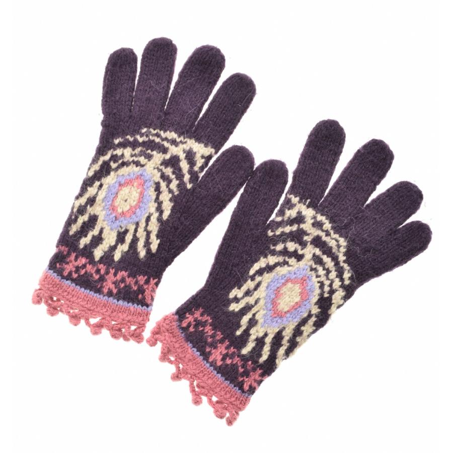 Pair of TITICACA acrylic wool knit gloves in purple with a multicolor pattern and pink scalloped cuffs.