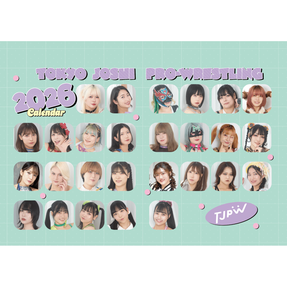 Cover image for the TJPW 2026 calendar showing the title and a grid of wrestlers' headshots on a mint-green background.