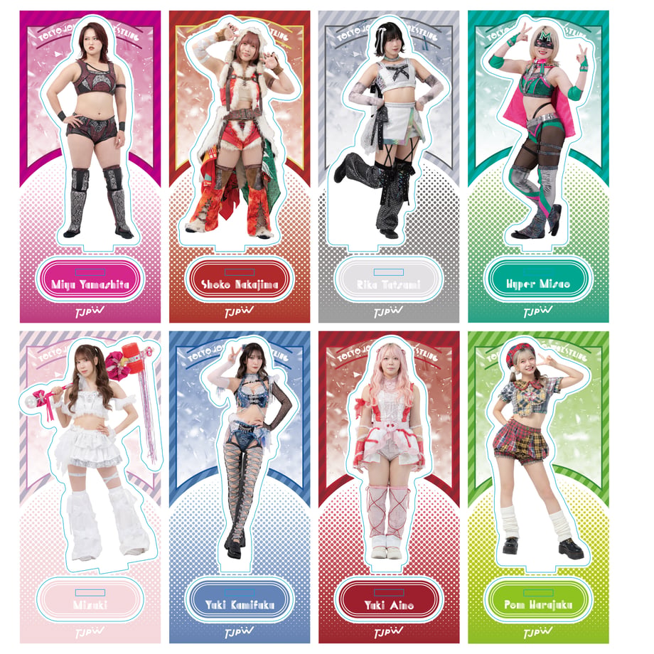 Photo of eight TJPW acrylic stand figures showing full-body character illustrations on colored nameplate bases arranged in two rows.