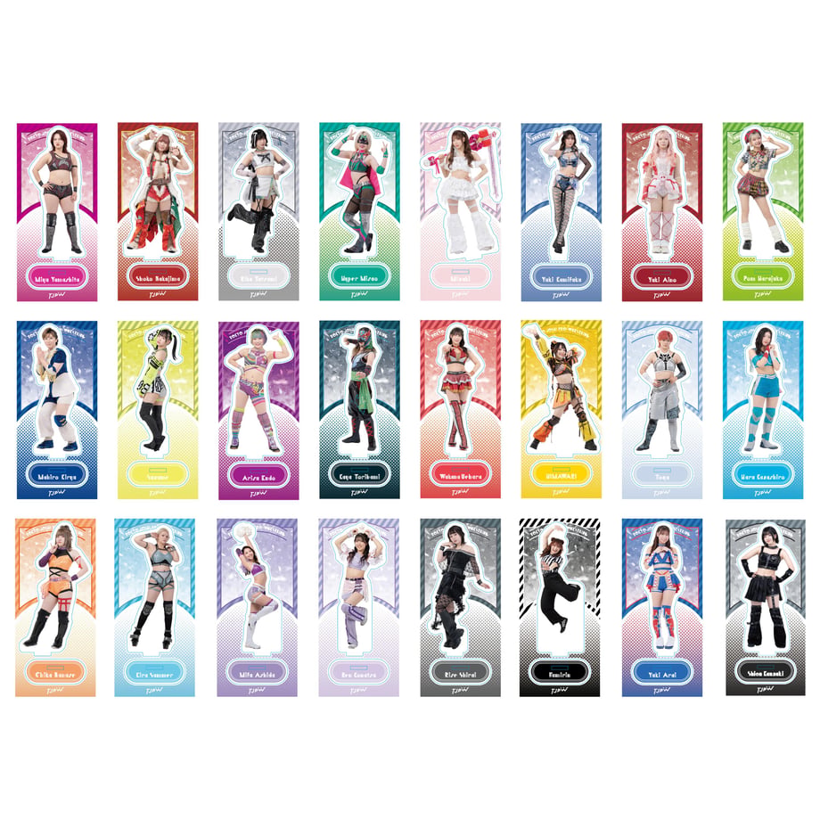 A grid layout showing many TJPW acrylic stand character illustrations on colorful panels, representing the acrylic stand set.
