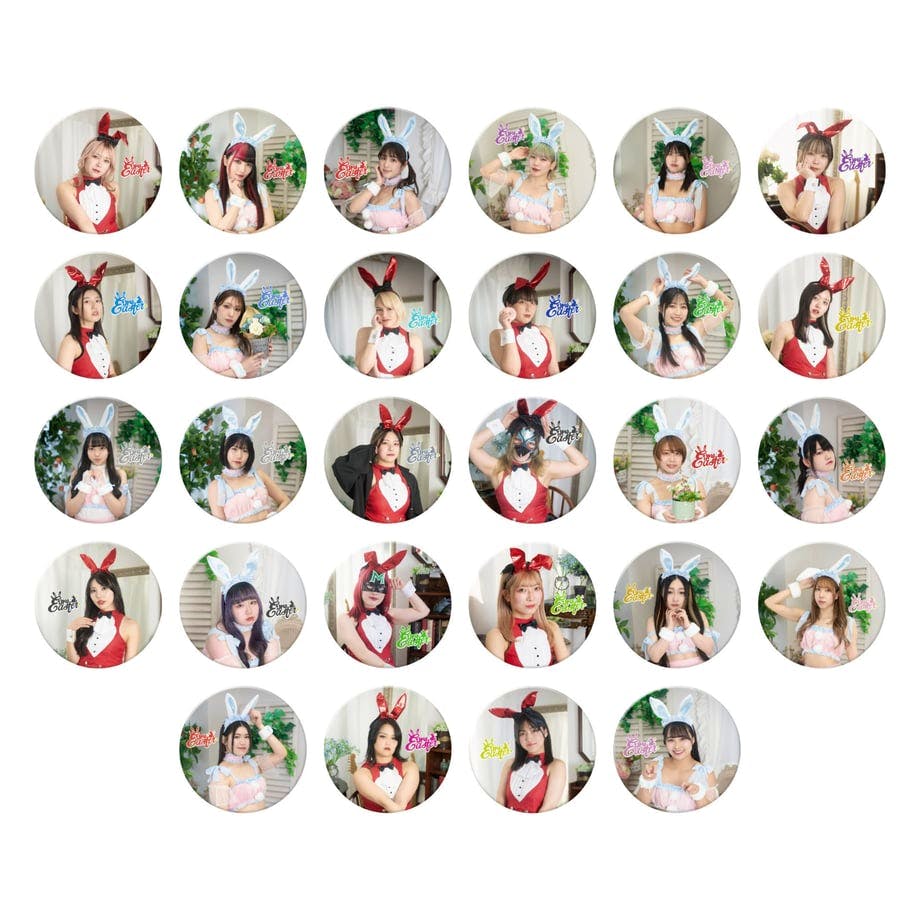 Grid of round can badge designs showing individuals wearing rabbit-themed outfits and bunny ear accessories.
