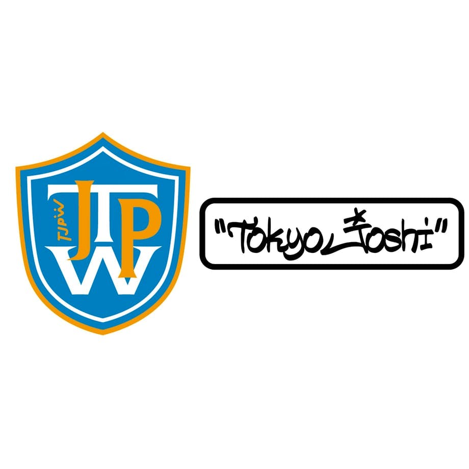 Two TJPW patches on a white background: a blue shield patch with 'JPW' and a rectangular patch reading 'Tokyo Joshi'.