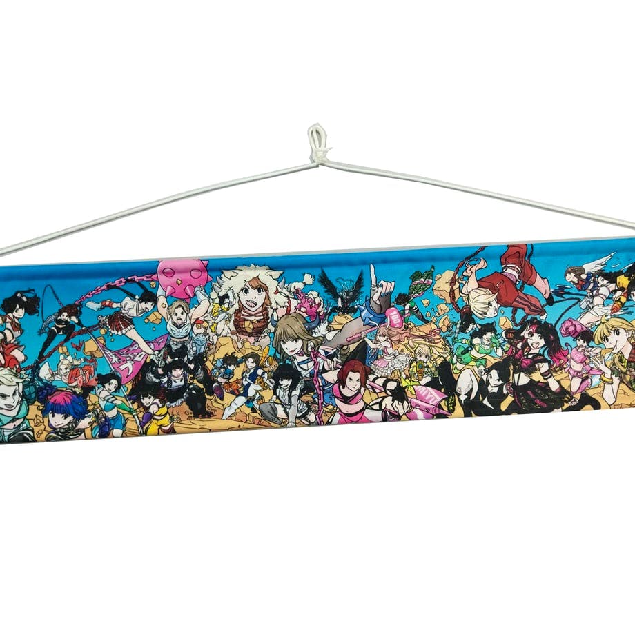 A photograph of the TJPW×すしお A1 illustrated tapestry hung by a white cord against a white background, showing colorful character artwork.