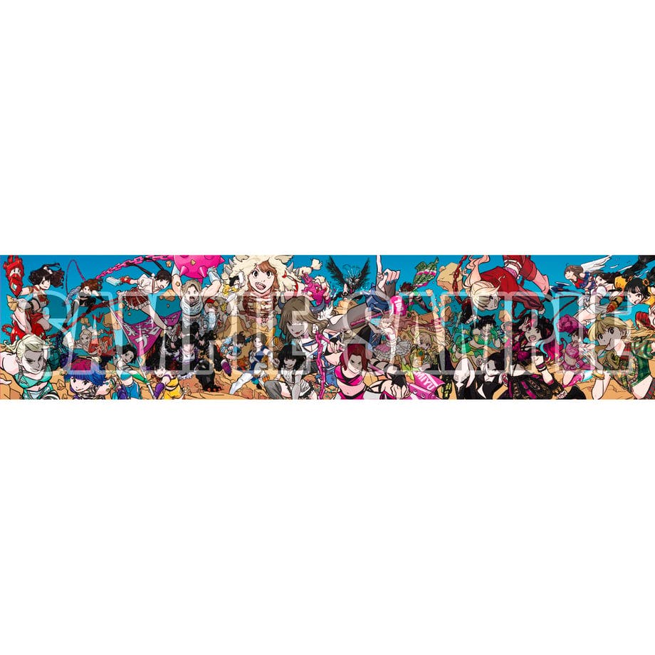 Horizontal illustrated sticker showing many colorful anime-style characters across a long banner.