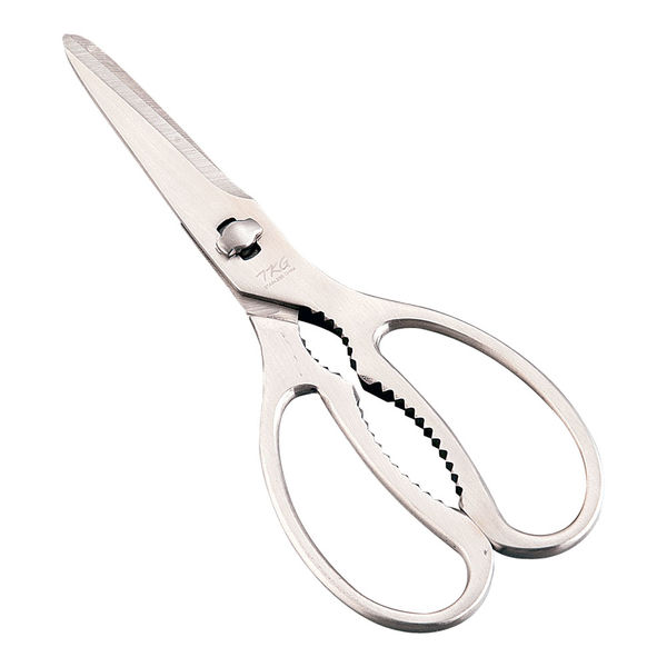 Stainless steel kitchen scissors shown on a white background.