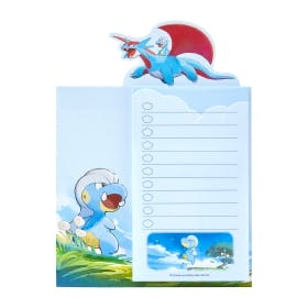 Open memo pad showing a to-do sticky note pad with blue character illustrations and a lined checklist.