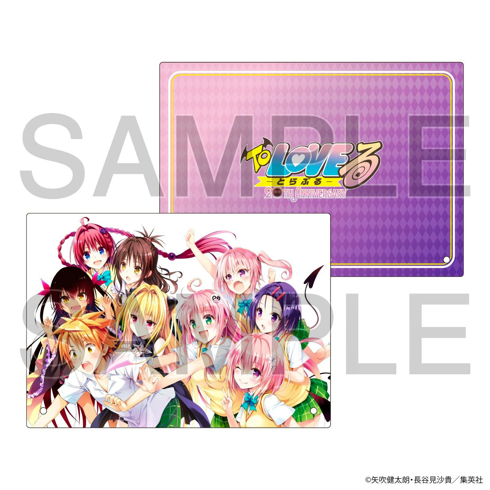 A photograph of the To LOVEる 20th anniversary acrylic board showing the original illustration of multiple characters on the front and a purple back panel with the series logo.