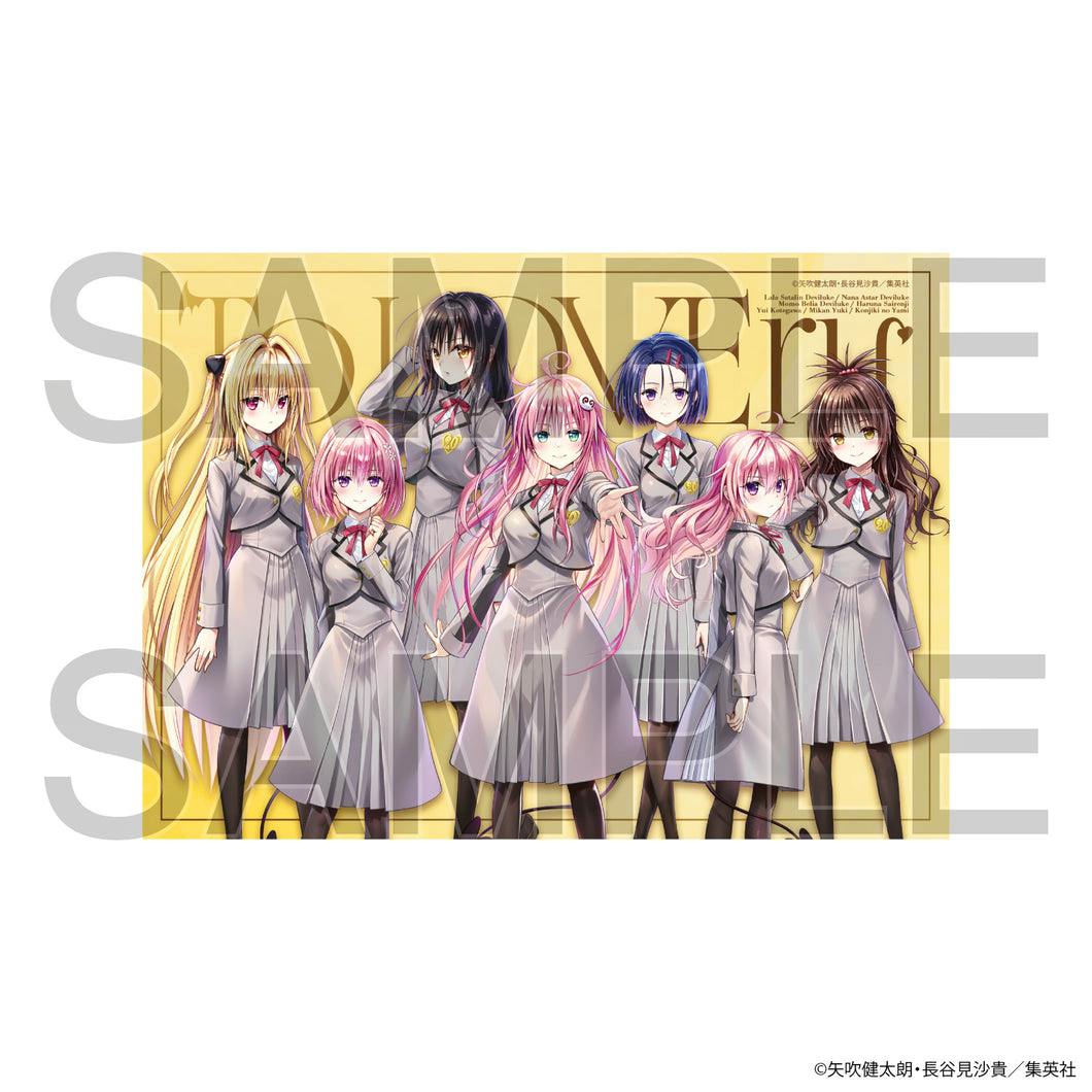 Canvas board illustration showing seven female characters in school uniforms from To LOVEる -とらぶる- against a yellow background.