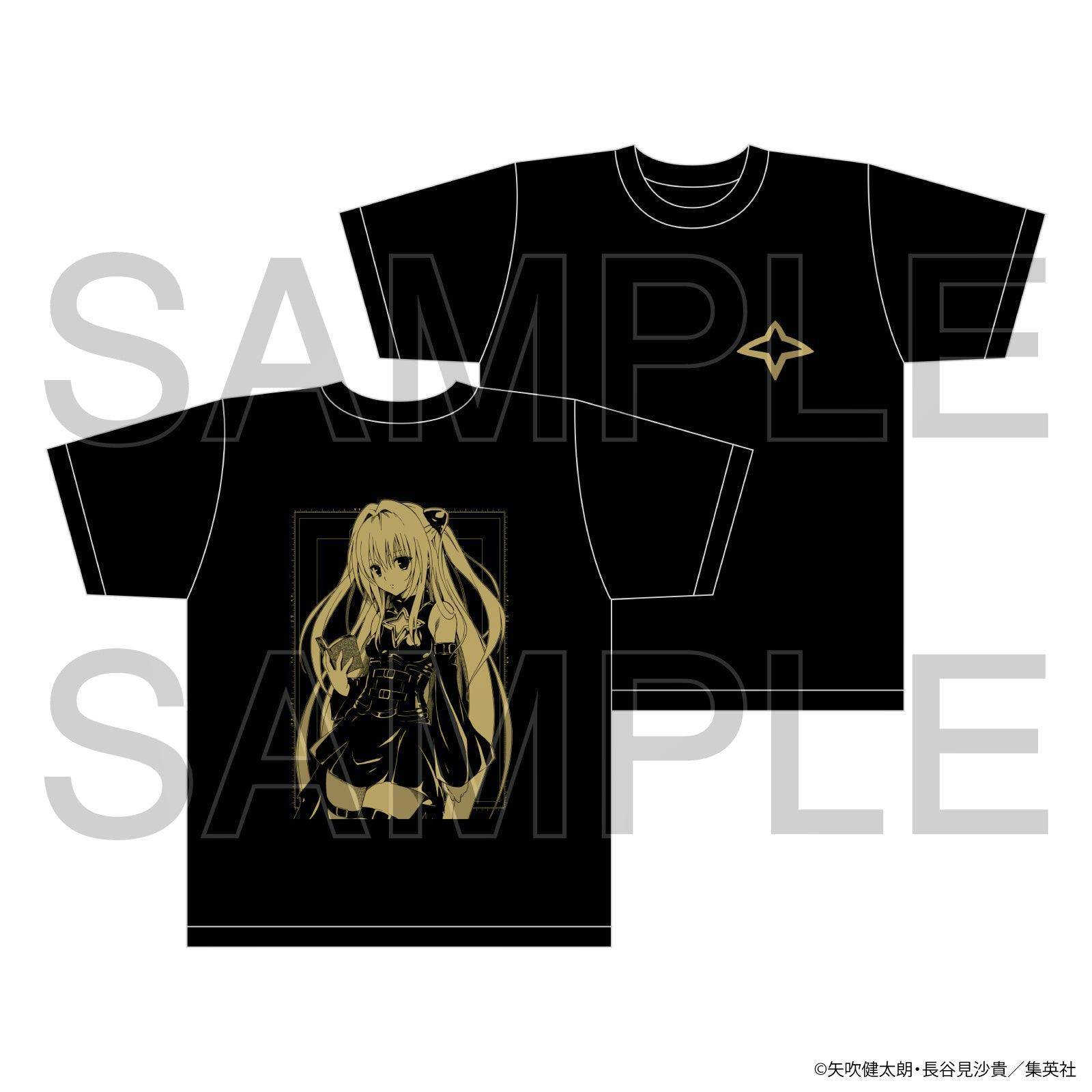 Mockup front-and-back view of a black To LOVEる 20th anniversary T-shirt with a gold print of the character 金色の闇 (Golden Darkness) on the front and a small gold emblem on the back.