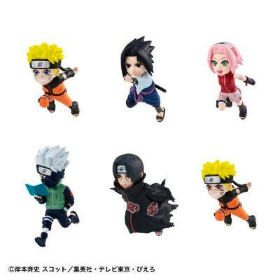 Six chibi-style NARUTO: Shippuden plastic figures arranged on a white background.