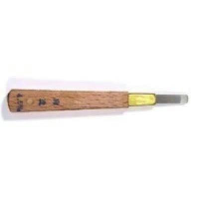 Chisel with a wooden handle, brass ferrule, and a short metal blade shown on a white background.