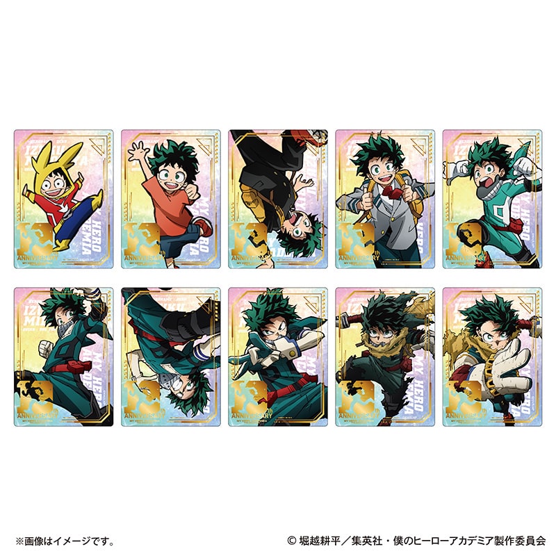 Eleven mini holographic photocard illustrations arranged in two rows, each showing an anime character in different poses.