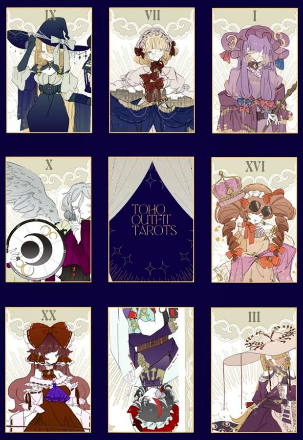 A grid of illustrated tarot cards showing various character outfit designs with a central card titled "TOHO OUTFIT TAROTS."
