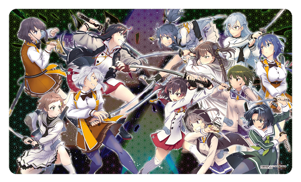 Rubber desk mat showing a full-color illustration of multiple characters from 『刀使ノ巫女 刻みし一閃の燈火』 on a patterned background.