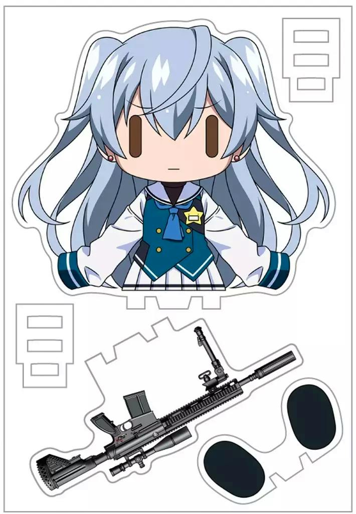 A printed acrylic stand sheet showing the chibi Tōka character from Grisaia: Phantom Trigger with a separate rifle and two oval base pieces.
