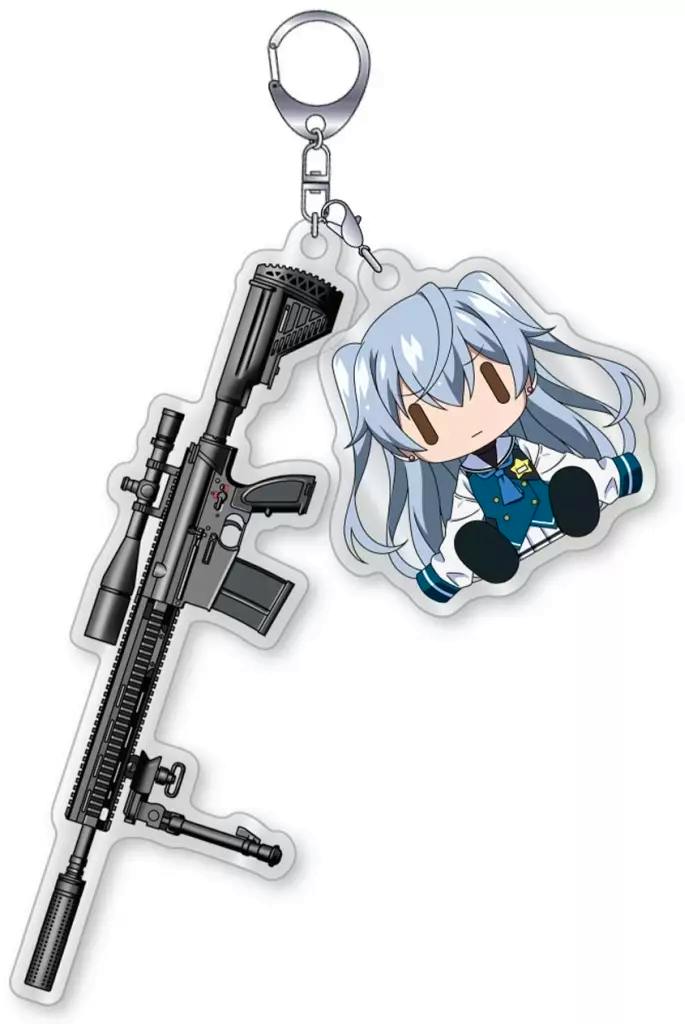 Acrylic keychain showing a chibi Tōka (トーカ) character from Grisaia: Phantom Trigger alongside a rifle charm.