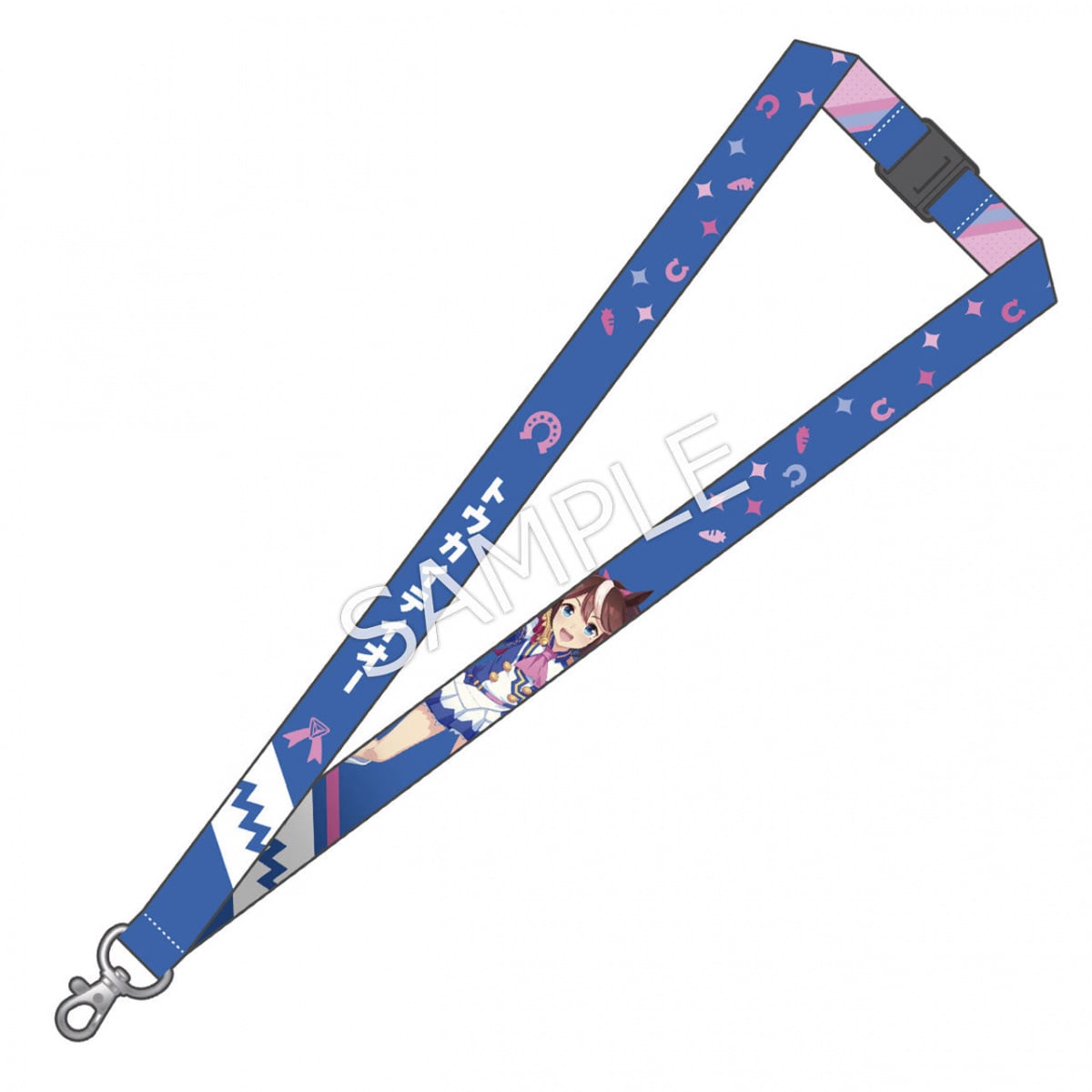 Blue polyester neck strap (phone strap) with a printed character design and a metal clasp.