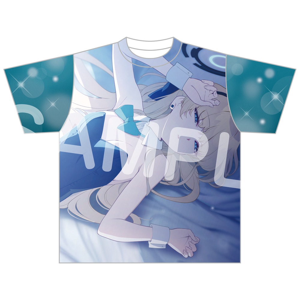 Full-graphic men's polyester T-shirt shown flat featuring an illustrated Toki (bunny-girl) design in blue tones.