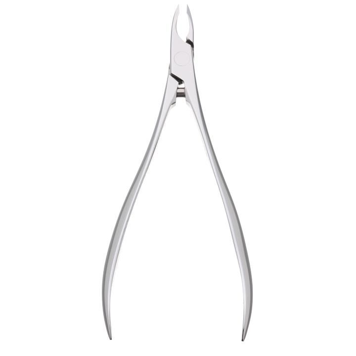 Mirror-finish cuticle nipper (cutting pliers) shown front-on with handles open against a white background.