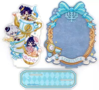Mirror-equipped acrylic decorative stand set showing Toki, Hikaru, and Rin character art, a decorative mirror piece, and a rectangular base.