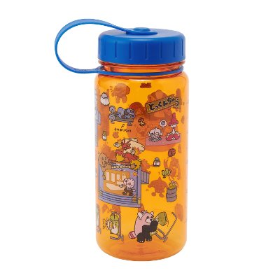 Clear orange plastic water bottle with a blue screw cap and printed cartoon characters.