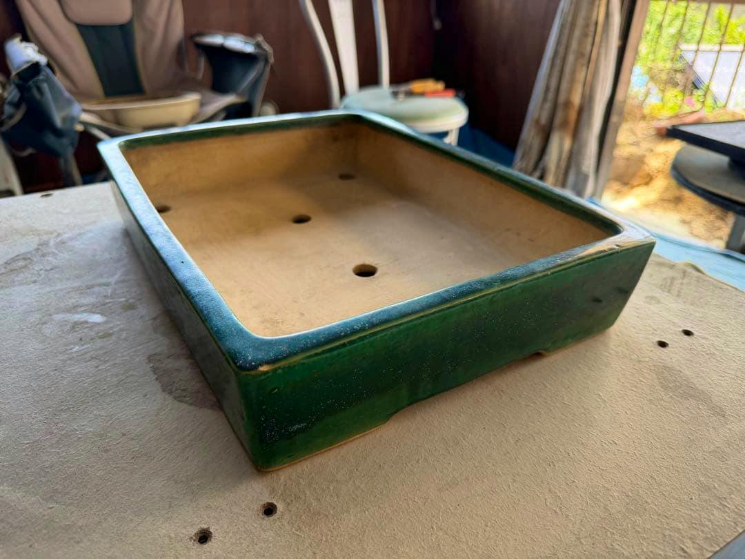 Rectangular green Oribe-glazed bonsai pot (38cm wide) photographed at an angle showing the interior and drainage holes.