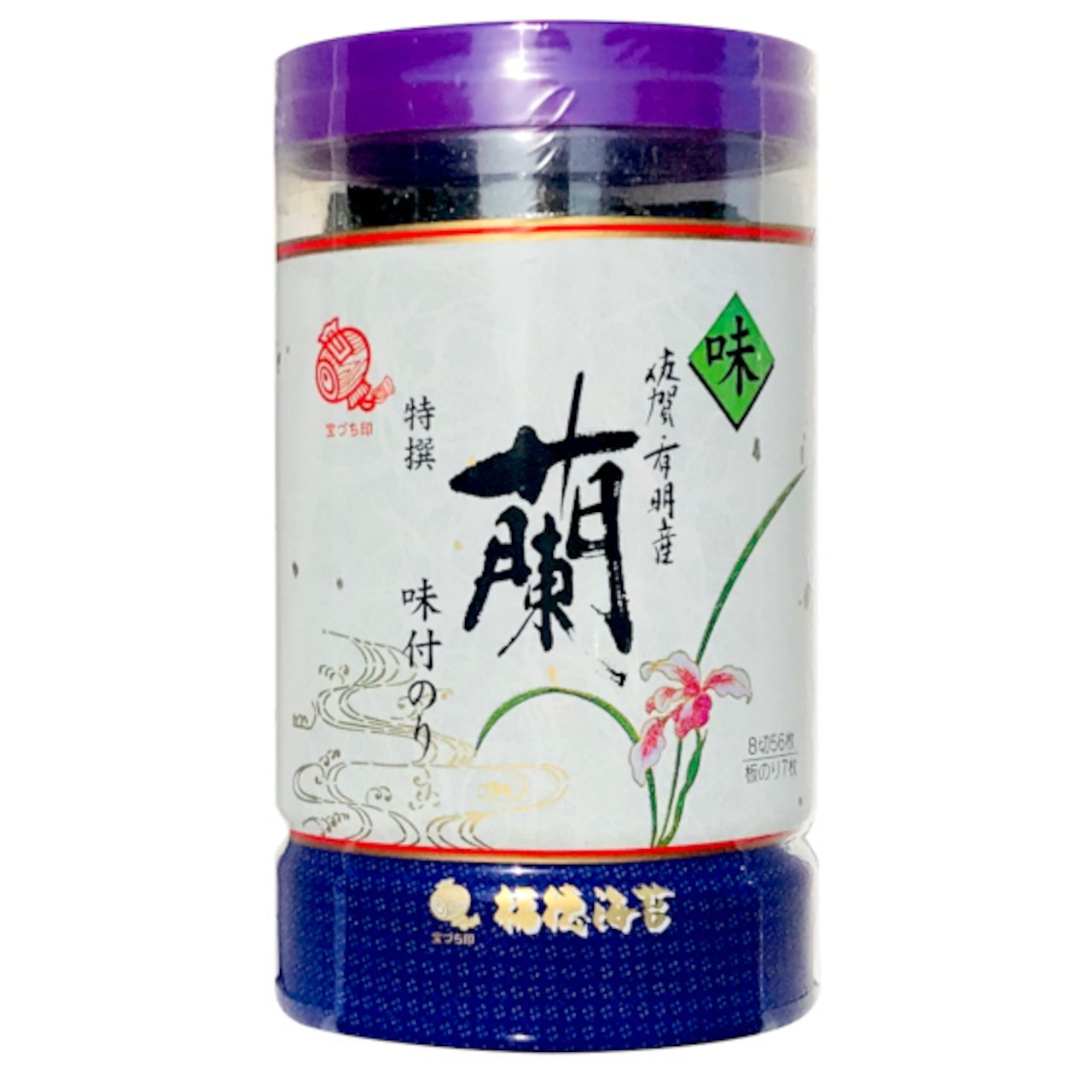 A cylindrical packaged container of seasoned dried seaweed with a Japanese label.