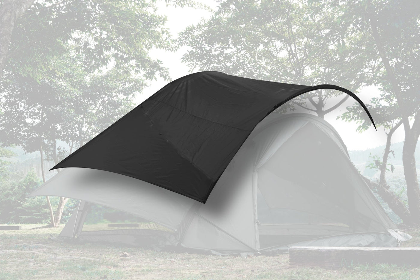A black shelter roof panel is shown positioned over a tent in an outdoor setting.