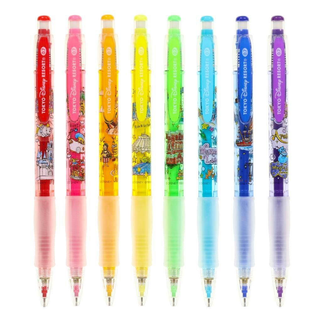 Eight Tokyo Disney Resort colored mechanical pencils with translucent barrels and character illustrations arranged upright.