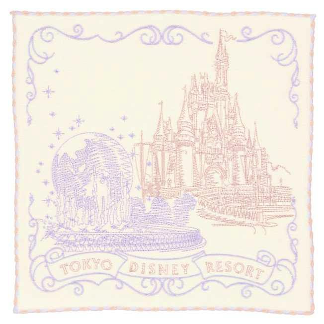 A square cotton mini towel printed with a pastel Tokyo Disney Resort castle and globe fountain design and the text "TOKYO DISNEY RESORT."