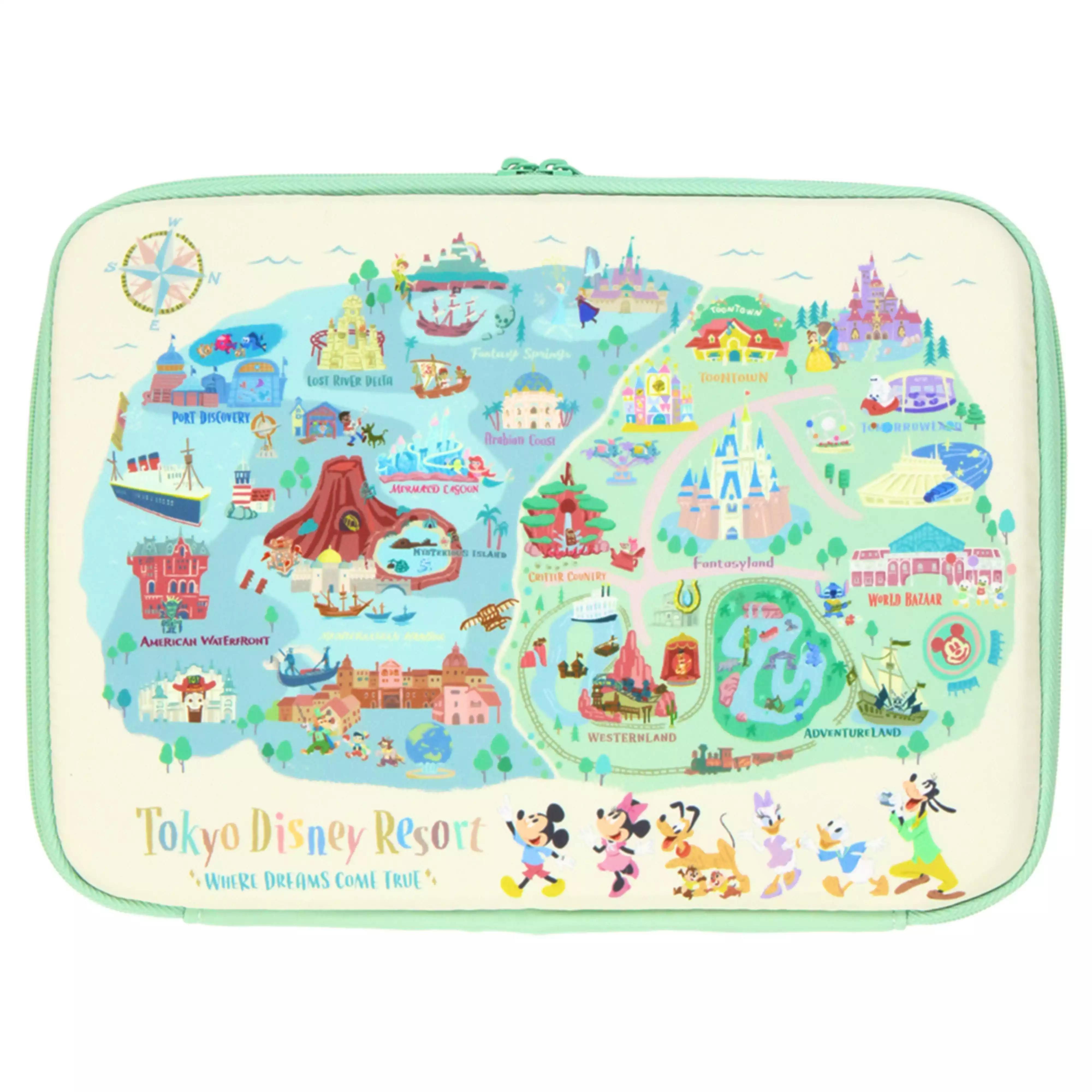 Front view of a polyester pen case pouch printed with a Tokyo Disney Resort map and Disney characters, with a mint-green zipper.