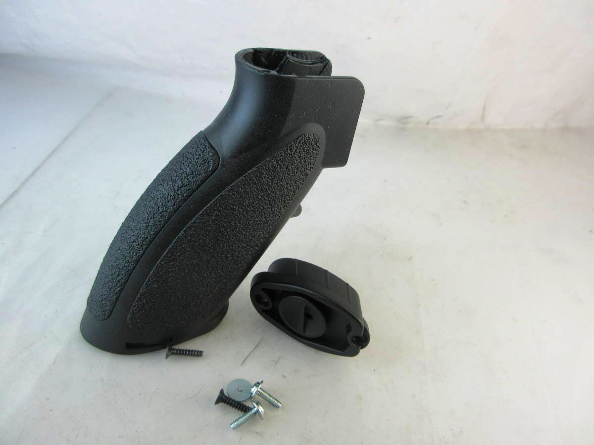 Black plastic hand grip for the Tokyo Marui HK416D shown with screws and a removable baseplate on a white background.