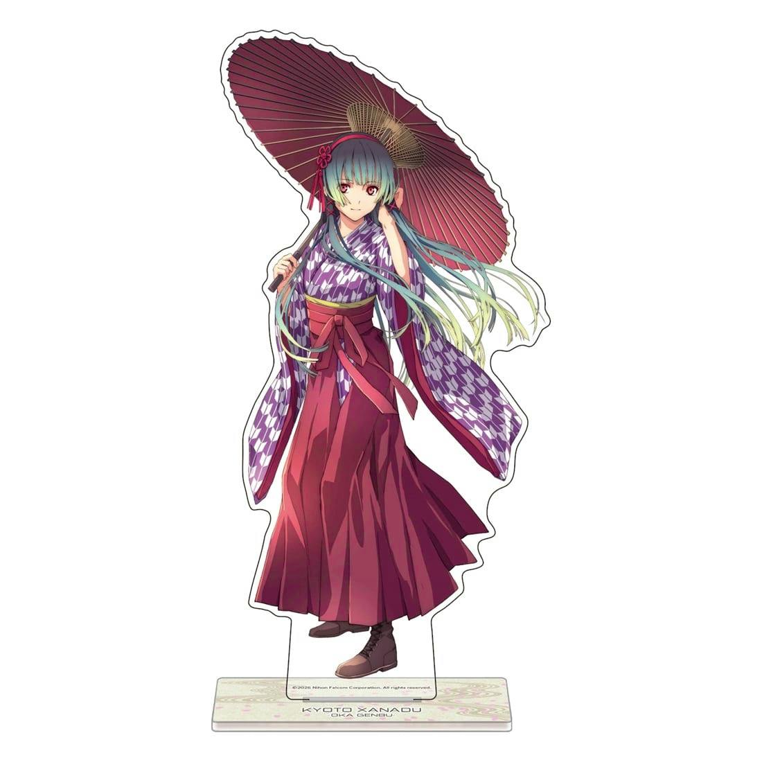 Acrylic decorative stand featuring Fūka in a kimono holding a parasol on its rectangular display base.