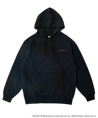 Front view of a black oversized hoodie sweatshirt with hood, drawstrings, kangaroo pocket, and a small red chest logo.
