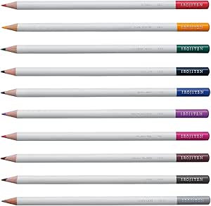 Ten colored pencils with white barrels and colored ends arranged horizontally, showing different colors.