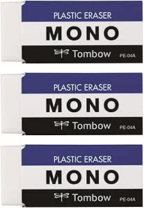 Three Tombow MONO plastic erasers (PE-04A) in their blue, white, and black sleeves.