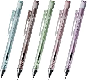 Five Tombow MONO Monograph 0.5mm mechanical pencils in assorted pastel glass colors shown side by side.