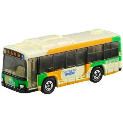 Plastic toy Tomica No.20 Isuzu Erga Toei bus model in green, yellow, and white livery on a white background.