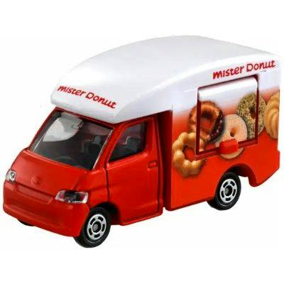 Toy Tomica No.40 Mister Donut mobile sales van in red and white with printed donut images on the side.