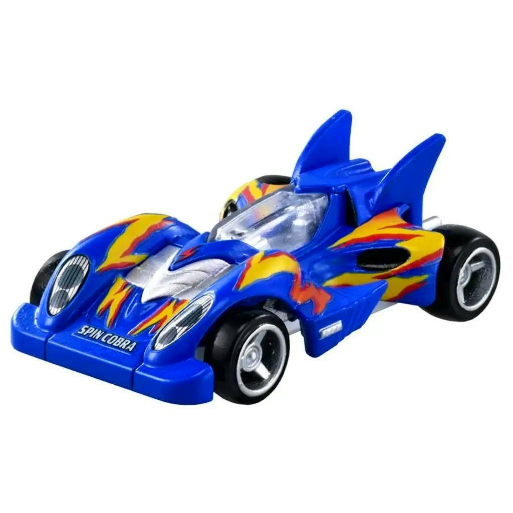Blue Spin Cobra mini 4WD toy car (Tomica) with yellow and red flame decals on a white background.