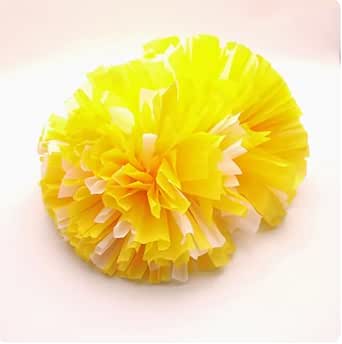 Two yellow and white plastic cheerleading pom-poms on a white background.