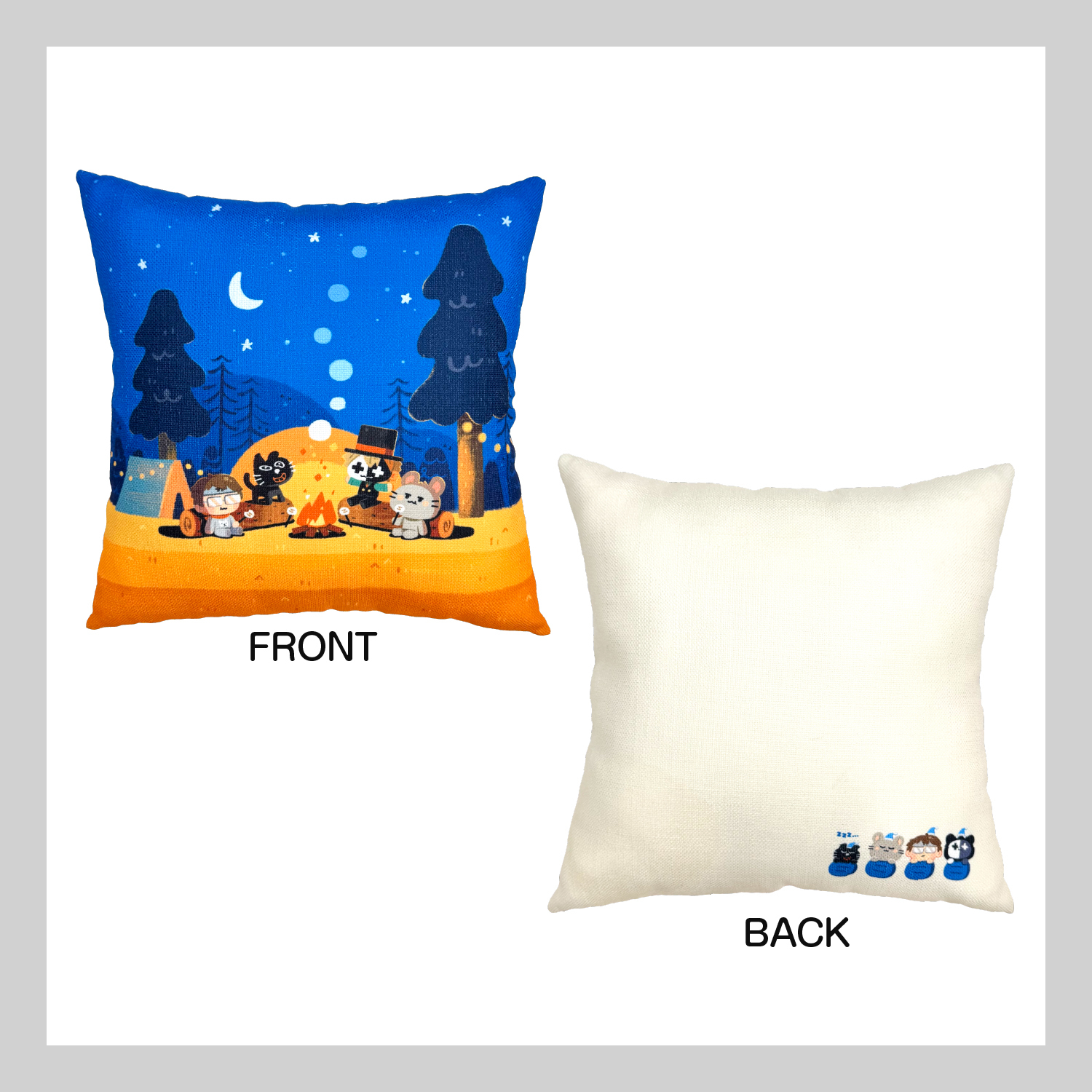 Front and back views of a square cushion; the front shows a nighttime camping illustration with characters around a campfire and the back is plain light-colored with small character prints.