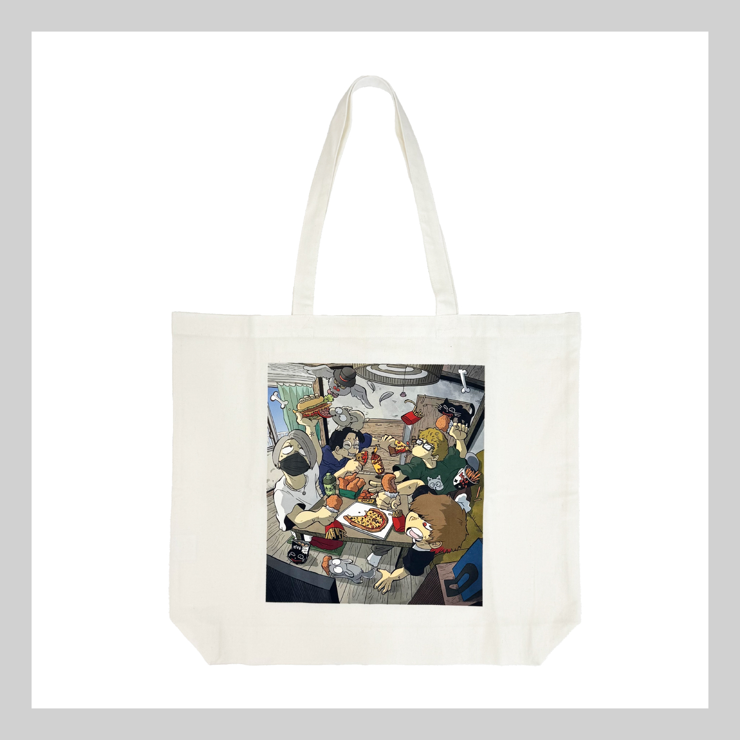 White reusable tote bag shown flat with a square illustration of people eating at a table printed on the front.